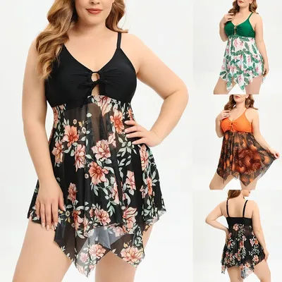 Tankini noir en maille sans manches à col en V, haut de tankini grande taille avec nœud frontal, maillot de bain deux pièces imprimé floral, bas de maillot taille haute
