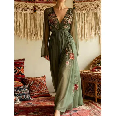 Robe longue transparente à manches longues et col en V imprimé vert olive