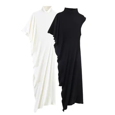 Haut décontracté asymétrique plissé à manches courtes et col haut pour femme, style européen et américain, printemps