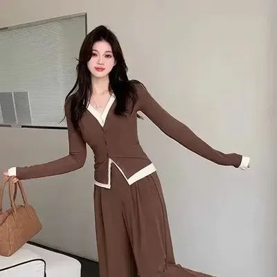 Ensemble deux pièces pour femmes, pantalon amincissant, taille haute, jambes larges, nouvelle mode, Design de Style coréen, costume, haut Cardigan