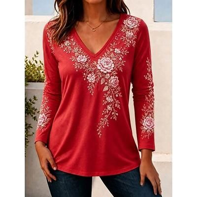 Per donna Maglietta Stampato Floreale Grafico Piante Vintage Elegante Classico Manica Lunga Scollo a V Top Regolari Casuale Quotidiano Blu Bianco Verde chiaro Rosso Verde Primavera Autunno