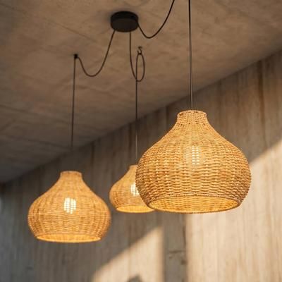 Lampada a sospensione da esterno Lucande Taniola, 3 luci, beige, rattan, IP44 Taniola Lucande, dimmerabile, Legno chiaro, Legno, Campagna / Rustiche