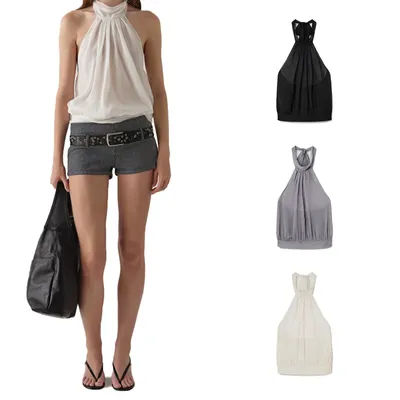 Haut en mousseline Gias à col licou et dos nu, débardeur ample plissé à taille cintrée, débardeur en mousseline légèrement transparent, ample, amincissant et polyvalent, haut en mousseline sans
