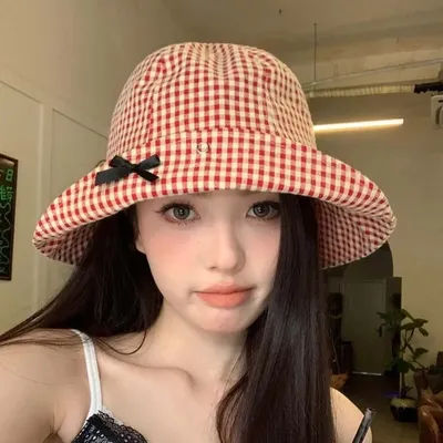 Chapeau Bob Noir Élégant à Nœud Papillon et Carreaux Vichy, Polyvalent, à Large Bord, Chapeau de Soleil Décontracté, Chapeau de Pêcheur pour l'Été