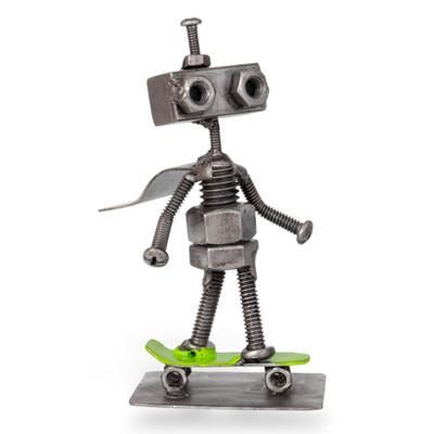 'Eco-Friendly Upcycled Metal Figurine of Robot and Skateboard'