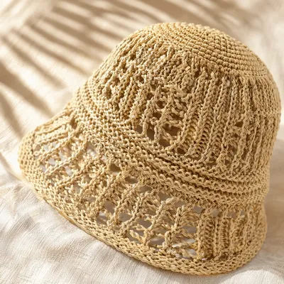 Nouveau Chapeau en Paille Tricoté Couleur Unie à Large Bord Pliable Pare-Soleil Respirant Fait Main pour Tenue Décontractée