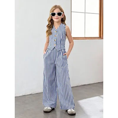 Ensemble de tenue rayée 2 pièces pour enfants filles, haut sans manches à rayures verticales bleues et blanches, col en V, gilet boutonné et pantalon à jambes larges à taille haute avec poches