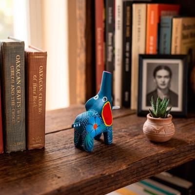 'Elephant Floral-Themed Wood Alebrije Figurine in Blue Shades'