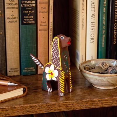 Delightful Dog,'Dog Wood Alebrije Figurine with Painted Floral Grid Patterns'