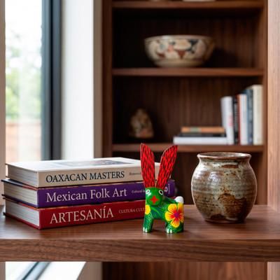Handsome Hare,'Copal Wood Alebrije Figurine of a Green Hare Painted by Hand'