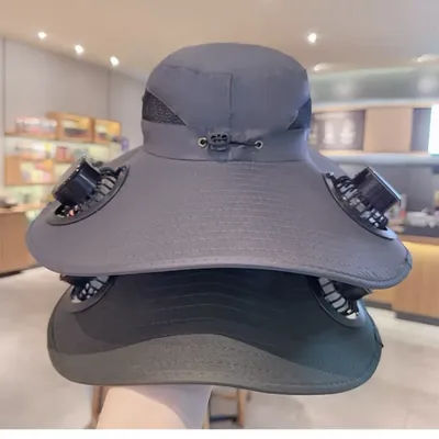 100% Polyester mode Anti soleil unisexe protection chapeaux d'extérieur chapeau de soleil à large bord avec 2 ventilateurs à énergie solaire pour hommes femmes été