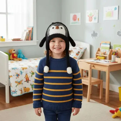 Chapeau chaud pour enfants, mignon, respirant, coupe-vent, chapeau de pingouin, épais, chaleur, extrémités de Pom Pom, casquette de Protection des oreilles, vêtements par temps froid