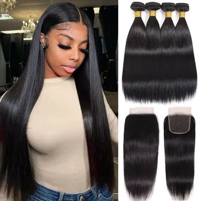 Straight Bundles With Closure Human Hair Double Weft Quick Weave 3 Bundles with 4x4 Closure Pre Plucked With Baby Hair Natural