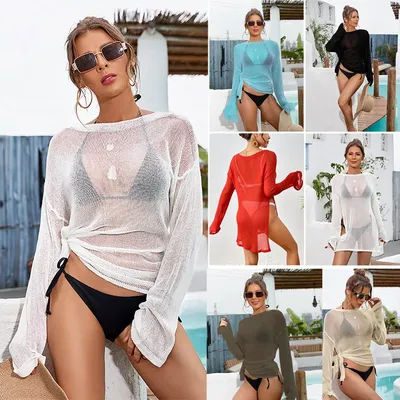 Haut à manches longues en maille légère pour femmes, pour l'été 2026, couverture de maillot de bain transparente, style de plage ample et sexy et décontracté