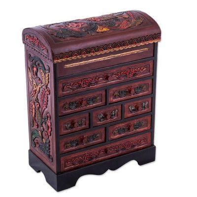 Garden Hummingbirds,'Peruvian Hand Carved Cedar Wood Jewelry Box with Mirror'