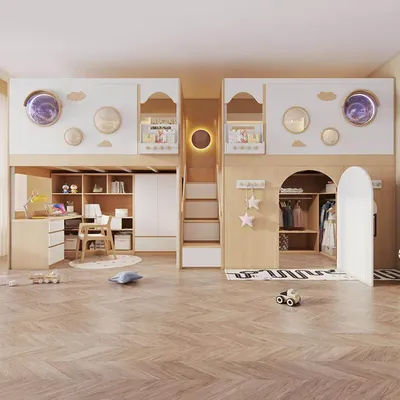 Space Capsule Bunk Bed with Desk and Wardrobe Separated High Sleeper Twin Bed Frame Space Saving Furniture for Kids Bedroom