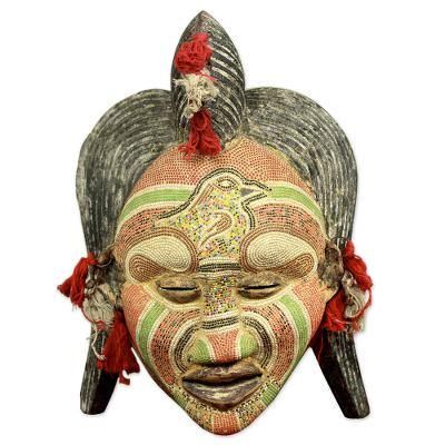 'Ancient River Goddess' - Hand Beaded Wood Mask