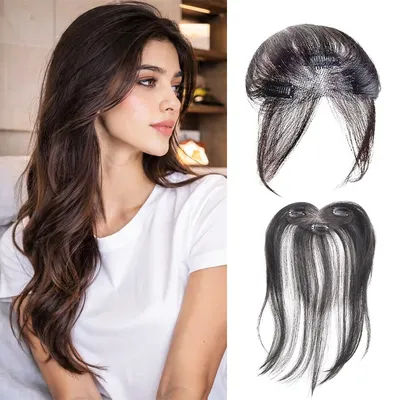 Handmade Synthetic Fiber Hair Topper, Middle Part Baby Bangs, Clip-on Wig for Gray Coverage & Soft Cheekbone Effect