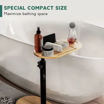 Adjustable Height Bamboo Bathtub Side Table Freestanding Bath Tray Caddy Tub Side Storage Rack with Wine Glass Slot Phone Holder Bathroom Spa Bath Accessories