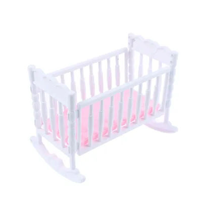 Light Pink Doll Crib Cradle, White Baby Shaker Bed, Doll House Toy Accessories