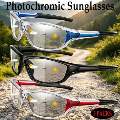 3-pairs Photochromic Cycling Sunglasses for Men and Women Fashion Oval Frame Glasses for Outdoor Hiking Running Cycling Climbing