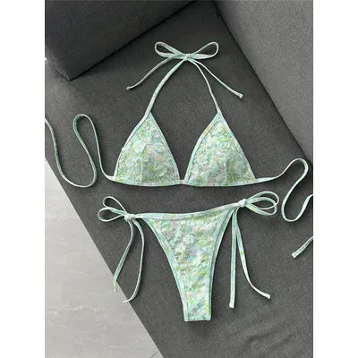 Bikini Halter à Paillettes Imprimées pour Femme, Maillot de Bain Deux Pièces à Coupe Haute