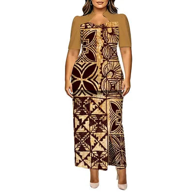 Jupe sur mesure de haute qualité pour femmes, de conception tribale polynésienne - Puletasi avec un col haut et une fente à la bordure