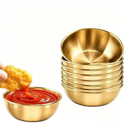 Set di 5/8 ciotoline in acciaio inox da 100 ml (3,5 oz), colore oro, impilabili, rotonde, poco profonde, adatte per salse, contorni, snack, frutta secca e preparazione di antipasti.