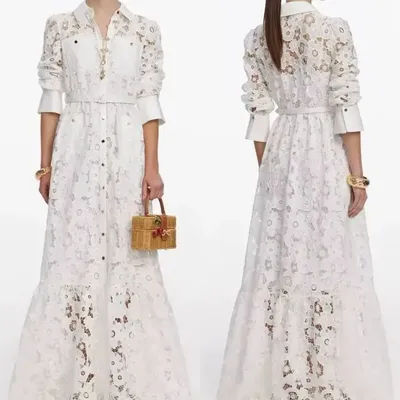 Robe longue maxi blanche brodée ajourée pour femme, taille haute, élégante et tendance