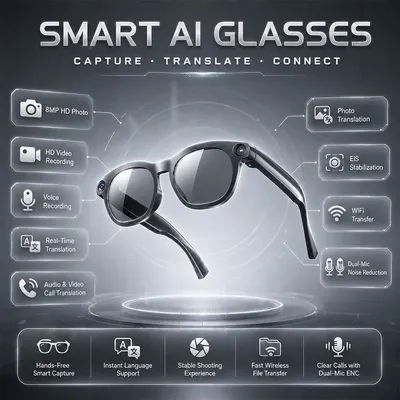 Nouvelles Lunettes Intelligentes IA 2026 avec Caméra HD 8MP, Enregistrement Vidéo, Traduction en Temps Réel, Appel Sans Fil, Musique, Lunettes de Soleil Bluetooth pour Hommes et Femmes