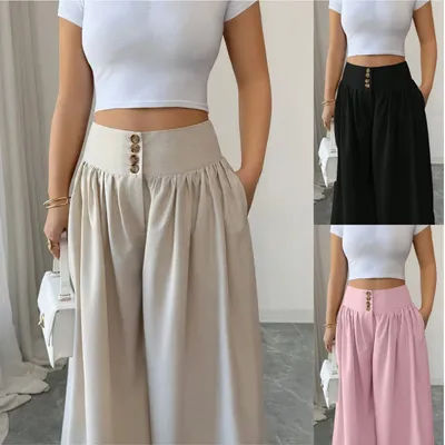 Pantalon décontracté femme 2026, couleur unie, taille haute, boutonné, en coton et lin, coupe large, vêtements pour femmes