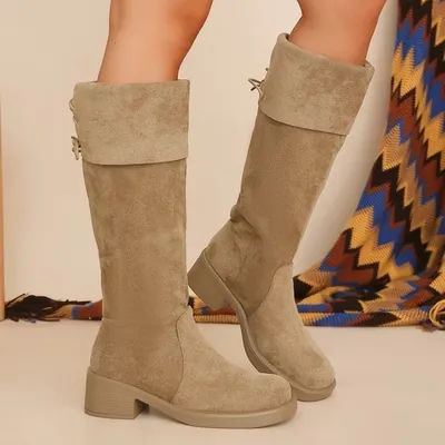 Bottes hautes en daim à lacets et nœud papillon pour femme, collection hiver 2026, style classique, épaisses, mi-hautes, vintage