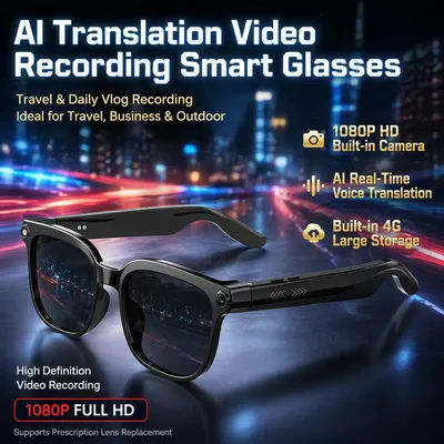 Lunettes Intelligentes 2026 avec Caméra 800W Pixel et IA pour Hommes, Traduction Instantanée, 4 Go de ROM, Enregistrement Photo et Vidéo, Appel Étanche, Lunettes de Soleil Connectées