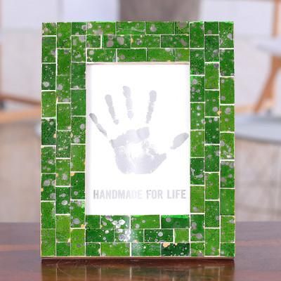 '4x6 Green Glass Mosaic Photo Frame with Silver-Hued Specks'