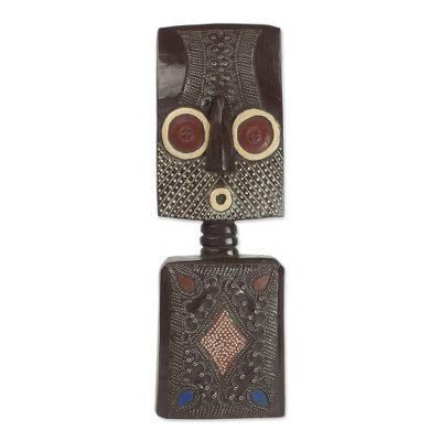 Ahomka Mask,'Ghanaian Sese Wood Mask Sculpture with Aluminum Plating'