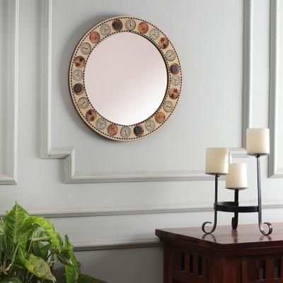 The Serenity of Time,'Whimsical Round Wood & Glass Mirror with Vintage Pattern'