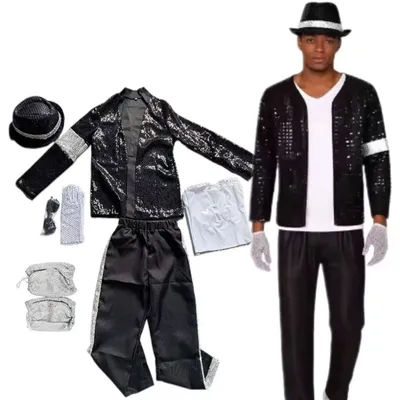 Michael Jackson Cosplay Men's 80S Retro Sequin Dance Mj Costumes Performance Outfit with Hat Sunglasses and Gloves for Halloween