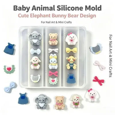 Cute Baby Animal Elephant Bear Rabbit Nail Silicone Mold, 3D Cartoon Doll Bow Apron Nail Charms Making Mold