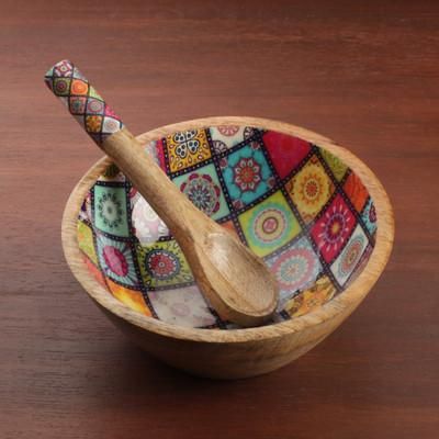 'Mosaic-Patterned Wood Salad Bowl Serving Spoon 2 Piece Set'