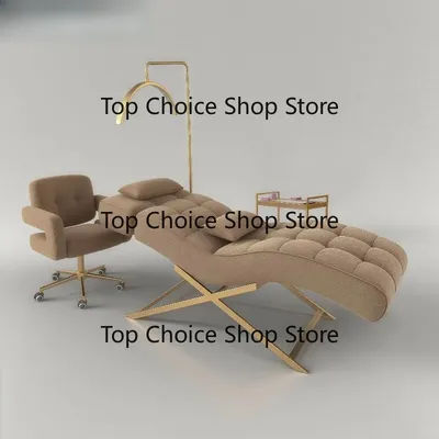 L-uxury Brown Cotton Curved Eyelash Bed Massage Facial Bed Eyelash Bed Salon Furniture Set