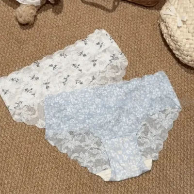 Culottes fines en dentelle sans couture, motif floral, taille mi-haute, pour femme, en maille transparente