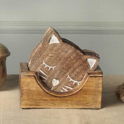 'Cat-Themed Whimsical 6-Piece Wood Coaster Set with Stand'