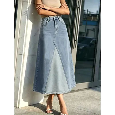 Jupe en jean décontractée bleu clair à taille haute et coupe trapèze pour femme, polyvalente