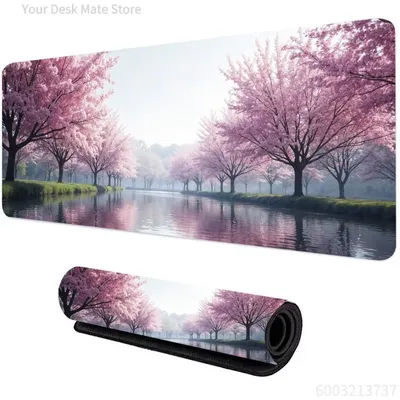 Grand tapis de souris de jeu Scenic Cherry Blossom River, tapis de bureau étendu antidérapant avec paysage naturel