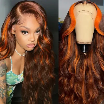 Highlight Ginger Brown Ombre 13x6 Lace Front Wig Human Hair Long Body Wave Hair Wigs Pre Plucked With Baby Hair P4/350 Gradient