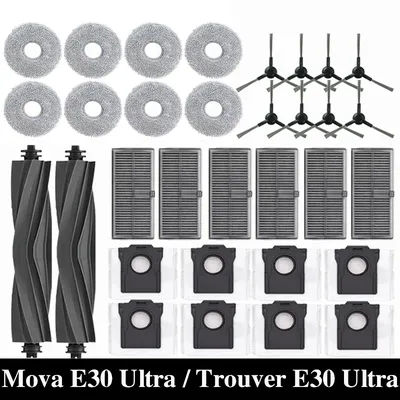 For Dreame Mova E30 Ultra / Trouver E30 Ultra Robot Vacuum Cleaner Replacement Accessory Kit - Includes Main Brush, Side Brush