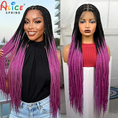 36inch Long Pink Color Box Braided Wigs Synthetic Full Lace Knotless Braids Wigs with Baby Hair for Black Women