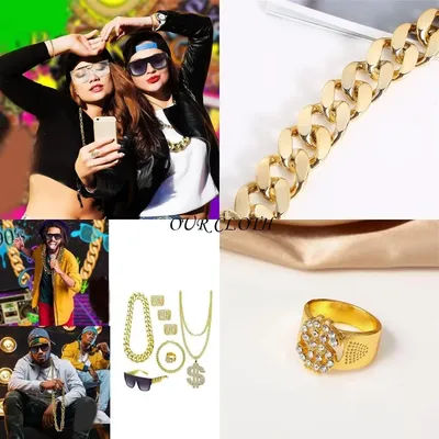 80s 90s Outfits Hip Hop Costume Rapper Accessories Sunglasses Gold Chain Rings for Halloween Cosplay Party Decors Y1AC