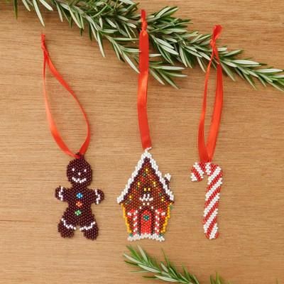 'Handmade 3-Piece Glass Beaded Christmas Sweet Ornament Set'