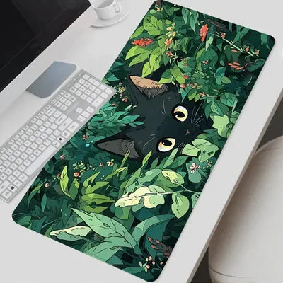 Grand tapis de souris de jeu Magic Forest Black Cat, accessoires de jeu, bords cousus, motifs de plantes vertes, adapté au bureau et à la maison